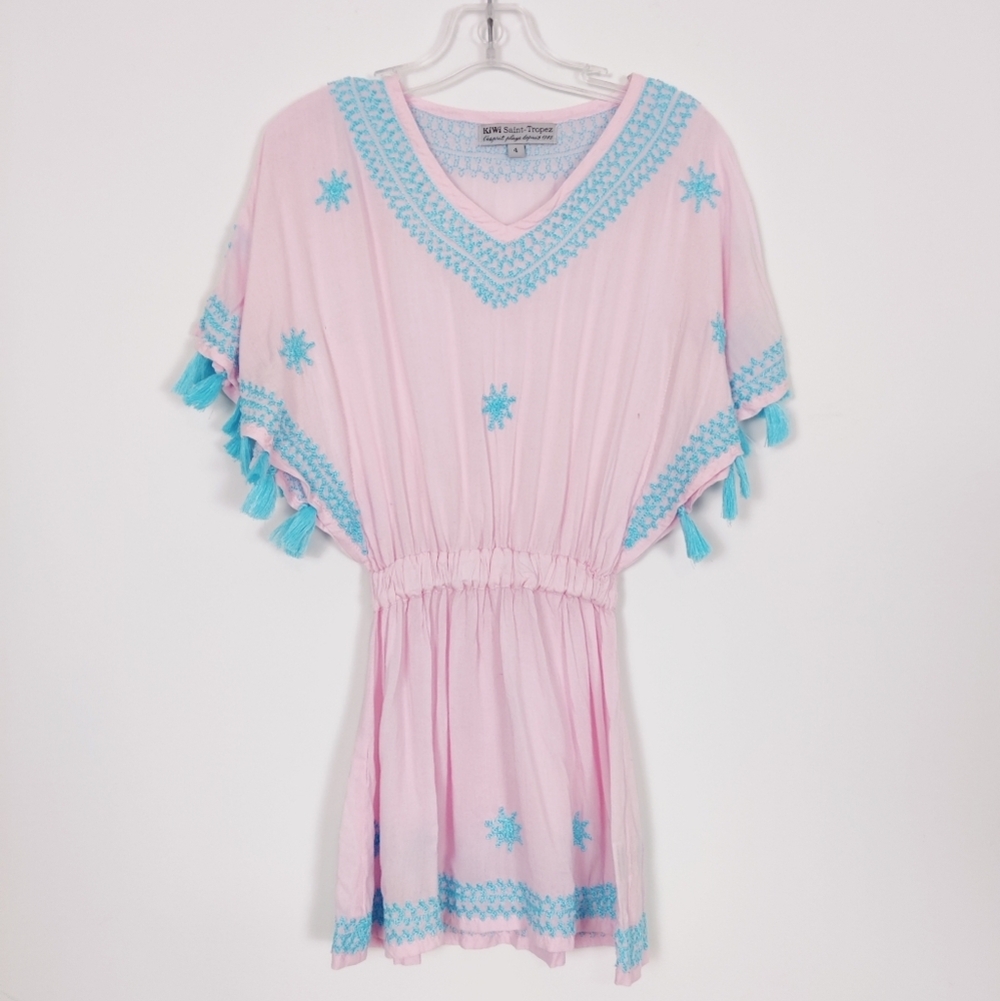 Kiwi St Tropez Kid's Swim Cover-up In Pink Blue Size 4T Beach Tassel Resortwear